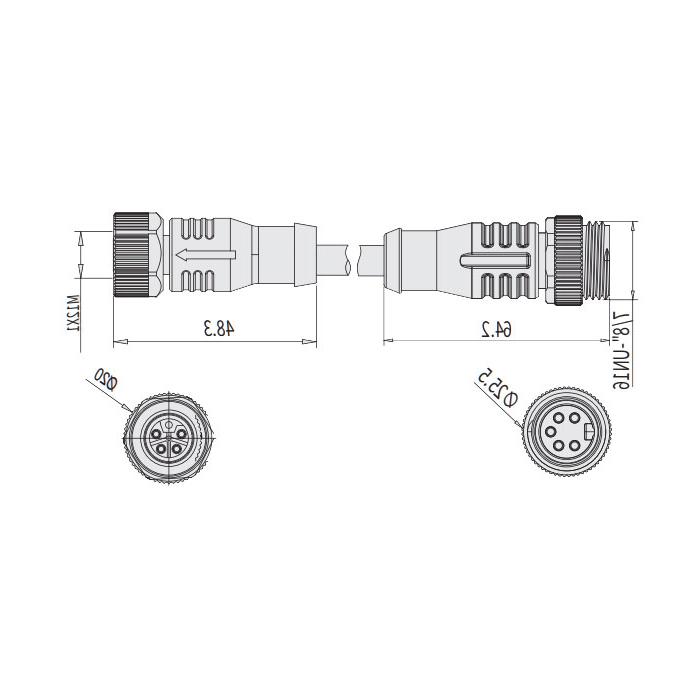 M12 5Pin 母头直型L-coded转7/8"5Pin 公头直型A-coded、双端预铸PVC非柔性电缆、黄色护套、64L783-XXX